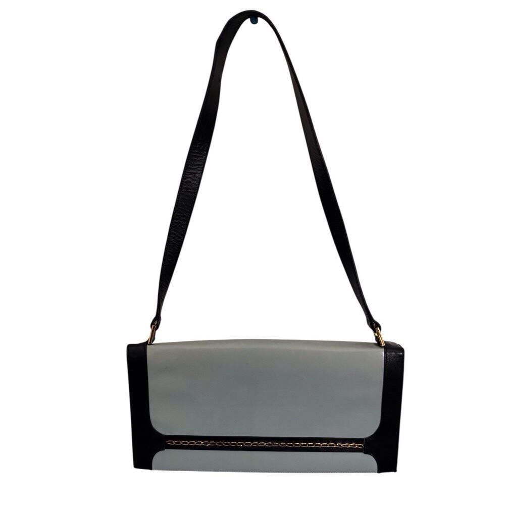 St. John Light Dark Blue Leather Shoulder Bag Gold Chain Link Vintage Designer